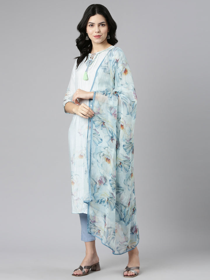 Neerus Blue Regular Straight Embroidered Kurta And Trousers With Dupatta