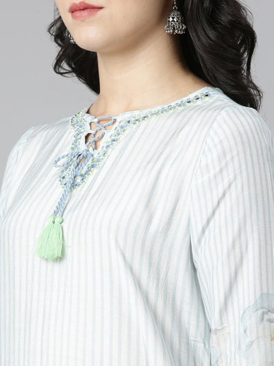 Neerus Blue Regular Straight Embroidered Kurta And Trousers With Dupatta