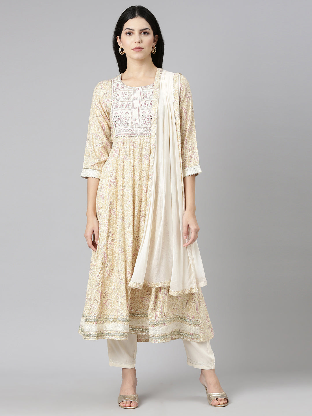 Neerus Beige viscose rayon printed kurta set - front view