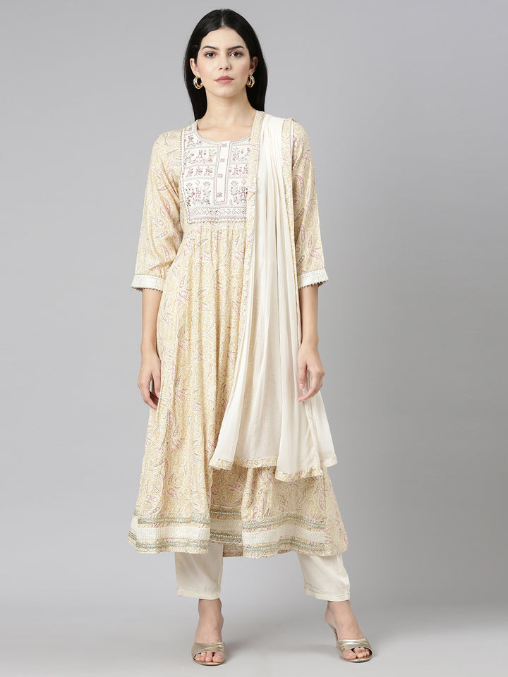 Neerus Beige viscose rayon printed kurta set - front view