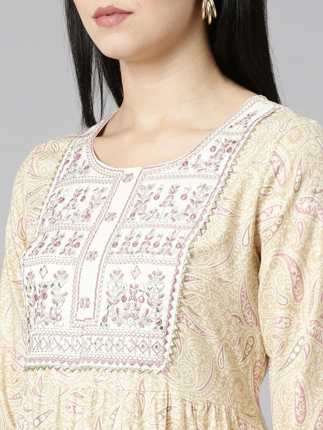 Neerus Beige viscose rayon printed kurta set - detail view 1