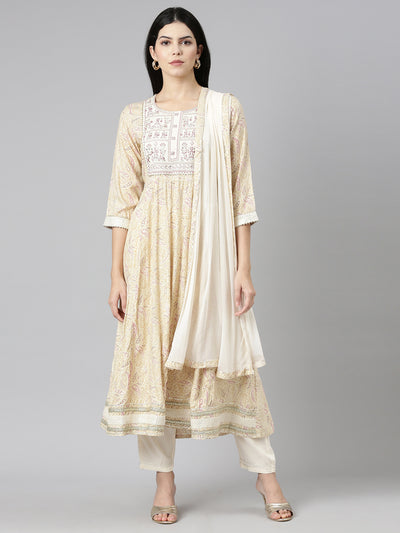 Neerus Cream Regular Straight Printed Kurta And Trousers With Dupatta