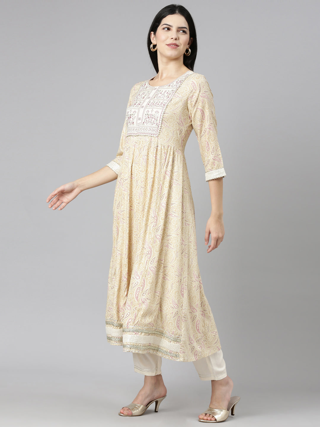 Neerus Cream Regular Straight Printed Kurta And Trousers With Dupatta