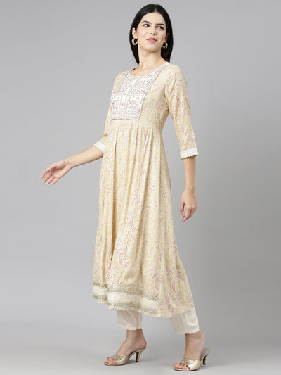 Neerus Cream Regular Straight Printed Kurta And Trousers With Dupatta