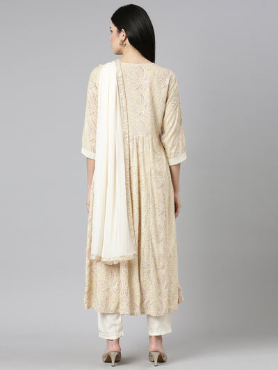 Neerus Cream Regular Straight Printed Kurta And Trousers With Dupatta