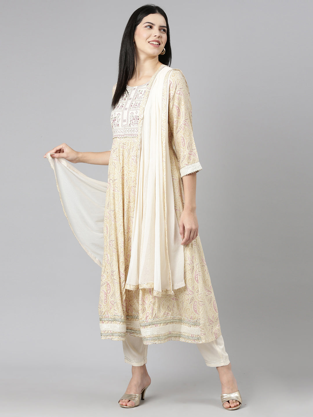 Neerus Cream Regular Straight Printed Kurta And Trousers With Dupatta