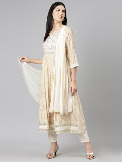 Neerus Cream Regular Straight Printed Kurta And Trousers With Dupatta