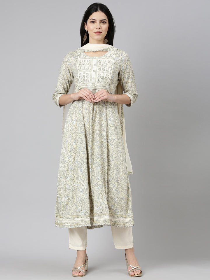 Neerus Beige printed straight suit set - front view