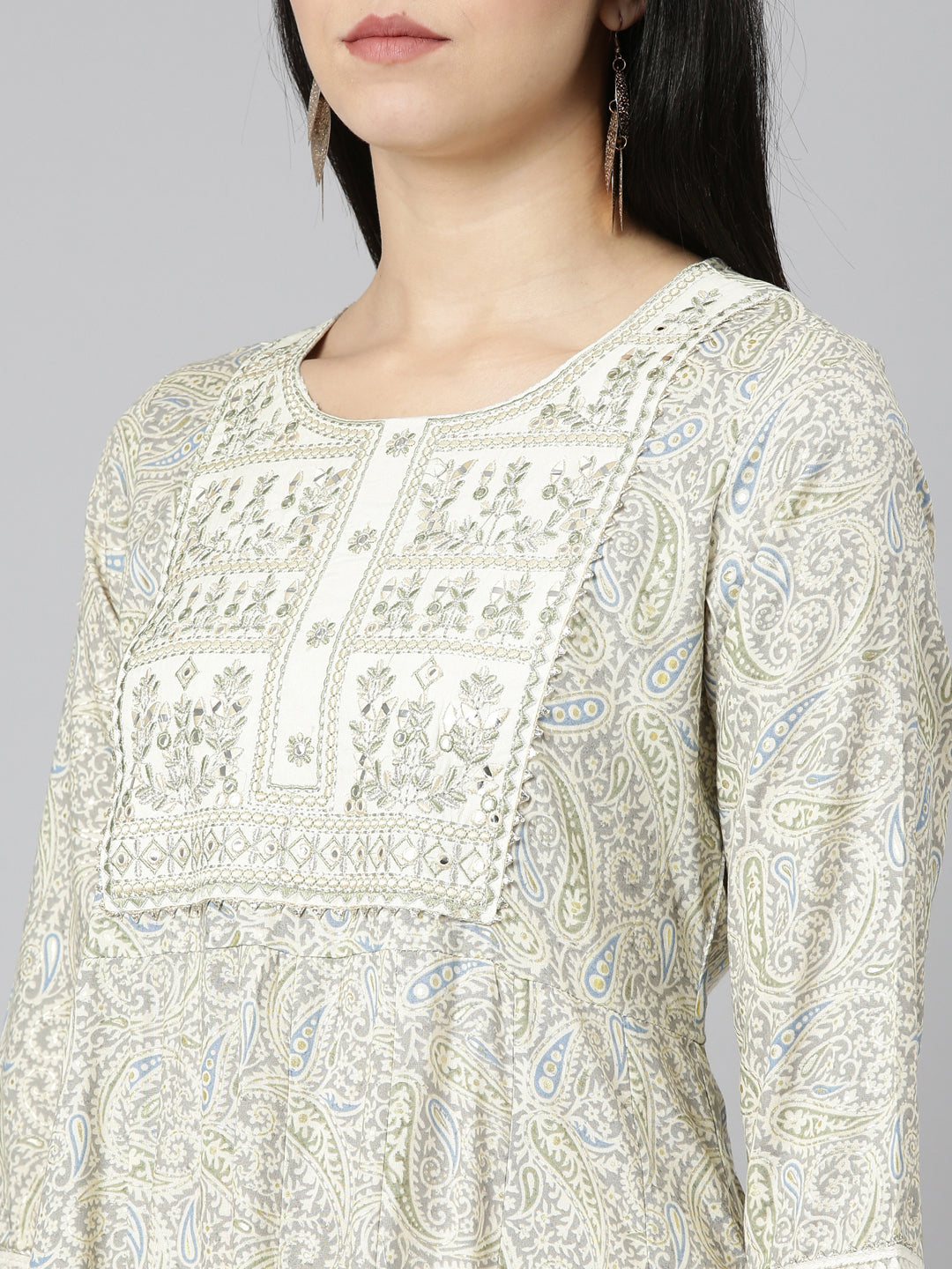 Neerus Cream Regular Straight Printed Kurta And Trousers With Dupatta