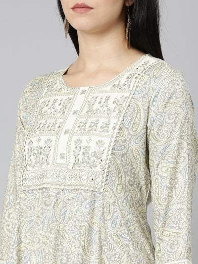 Neerus Cream Regular Straight Printed Kurta And Trousers With Dupatta
