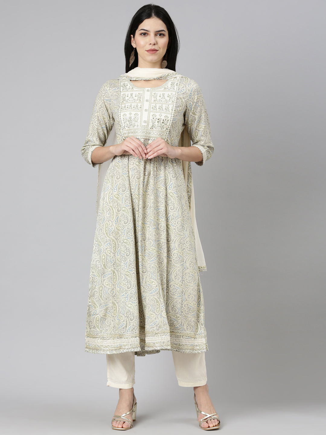 Neerus Cream Regular Straight Printed Kurta And Trousers With Dupatta