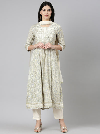 Neerus Cream Regular Straight Printed Kurta And Trousers With Dupatta