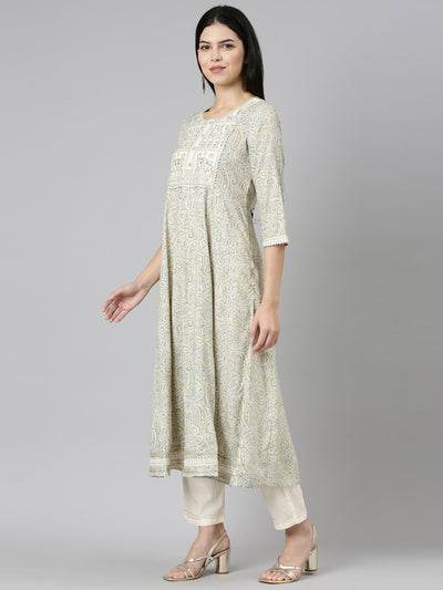 Neerus Cream Regular Straight Printed Kurta And Trousers With Dupatta