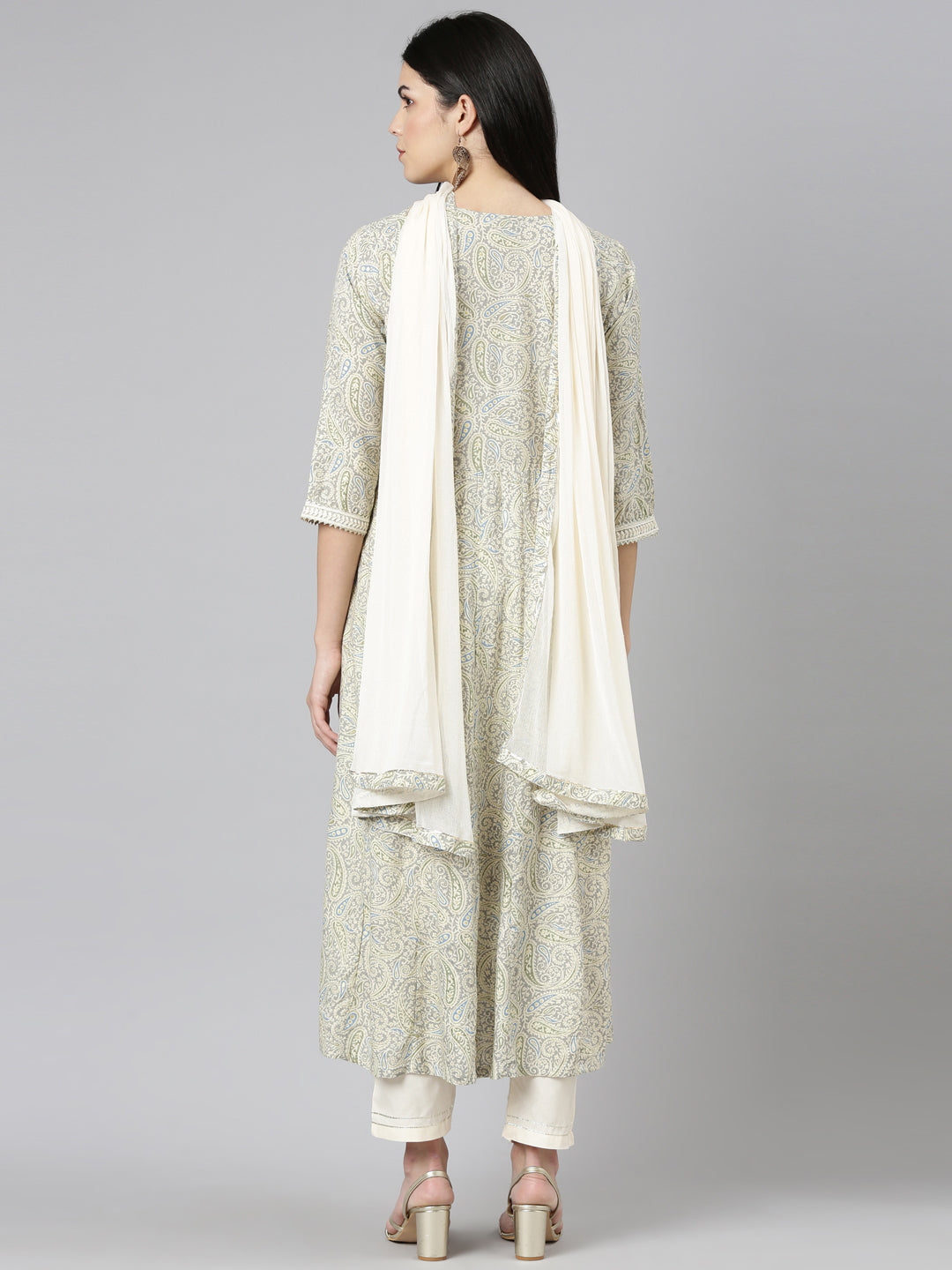 Neerus Cream Regular Straight Printed Kurta And Trousers With Dupatta
