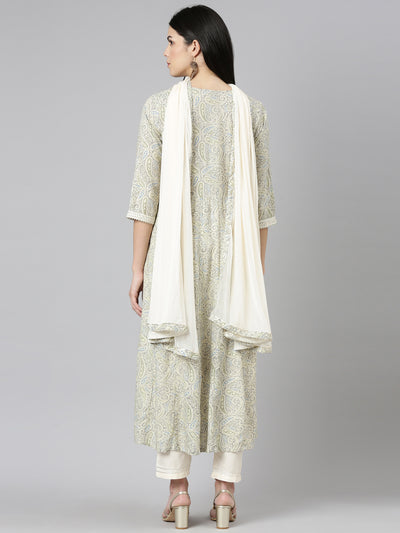 Neerus Cream Regular Straight Printed Kurta And Trousers With Dupatta