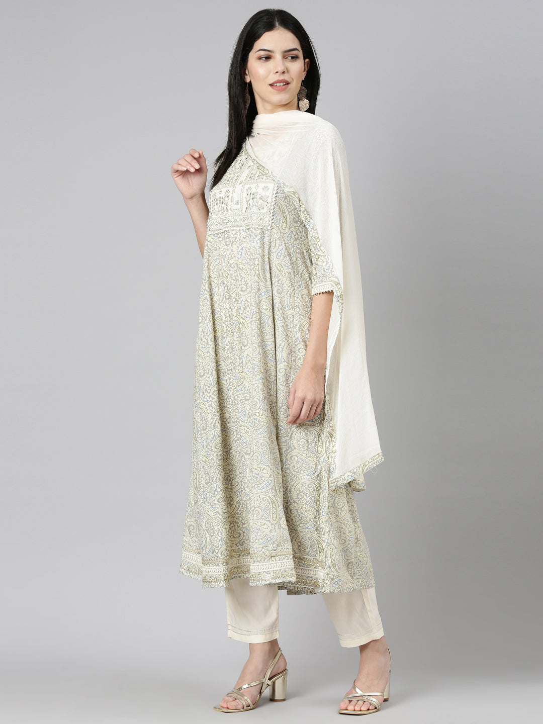 Neerus Cream Regular Straight Printed Kurta And Trousers With Dupatta