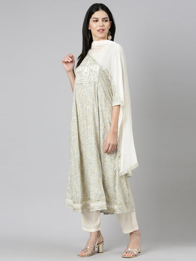Neerus Cream Regular Straight Printed Kurta And Trousers With Dupatta