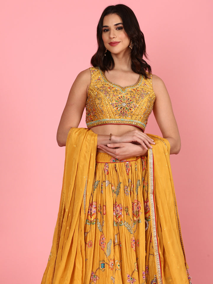 Yellow embroidered georgette Three piece ghagra set