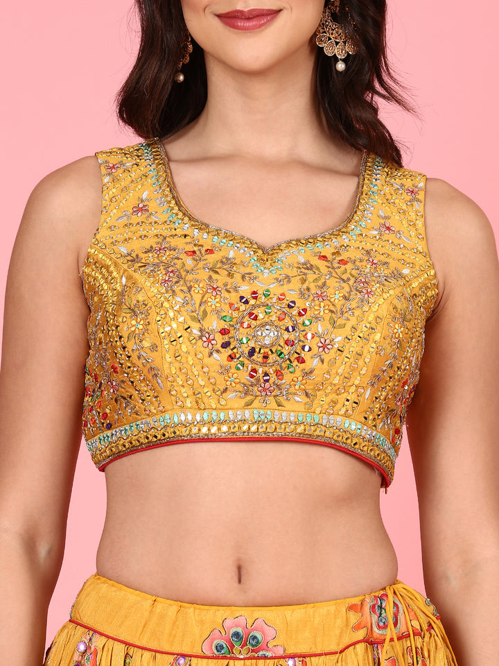 Yellow embroidered georgette Three piece ghagra set