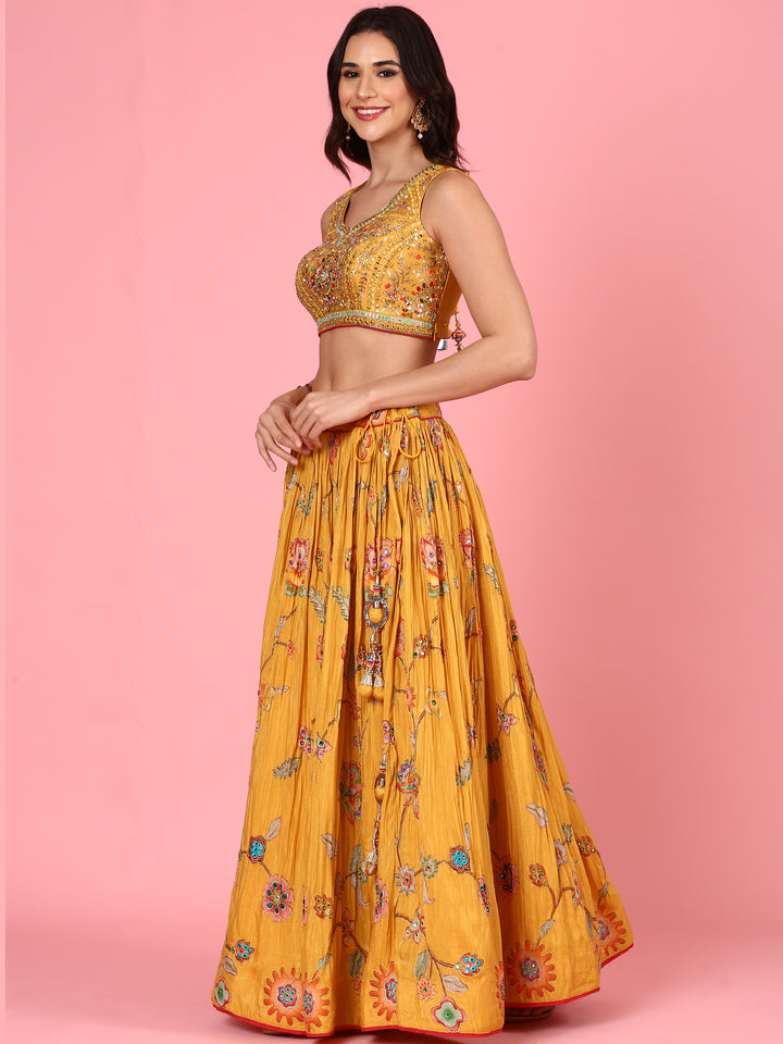 Yellow embroidered georgette Three piece ghagra set