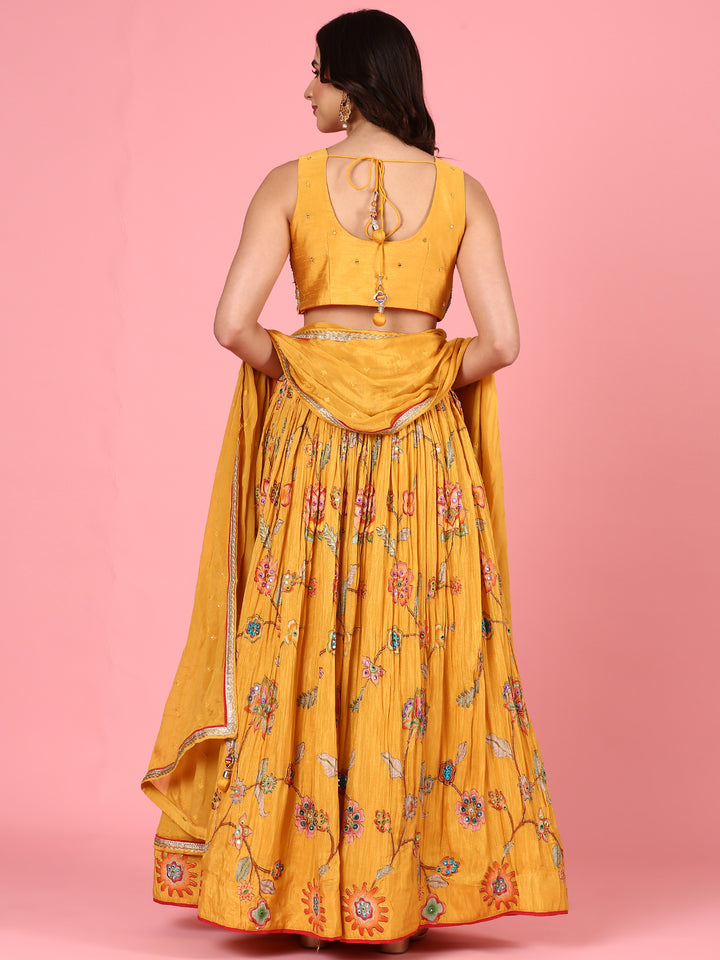 Yellow embroidered georgette Three piece ghagra set