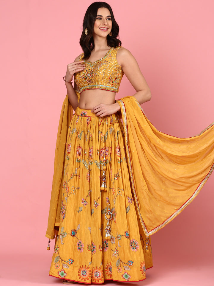 Yellow embroidered georgette Three piece ghagra set