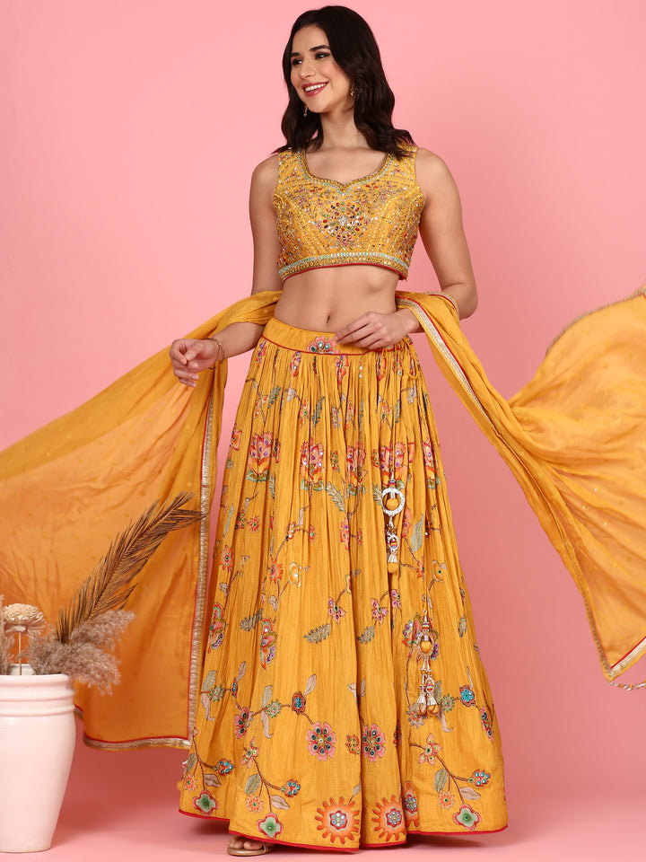 Yellow embroidered georgette Three piece ghagra set