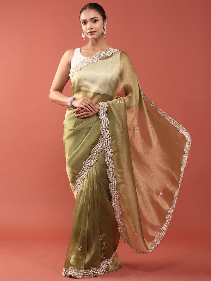 Mehadi Green Organza Stone And Thread Embroidery Saree