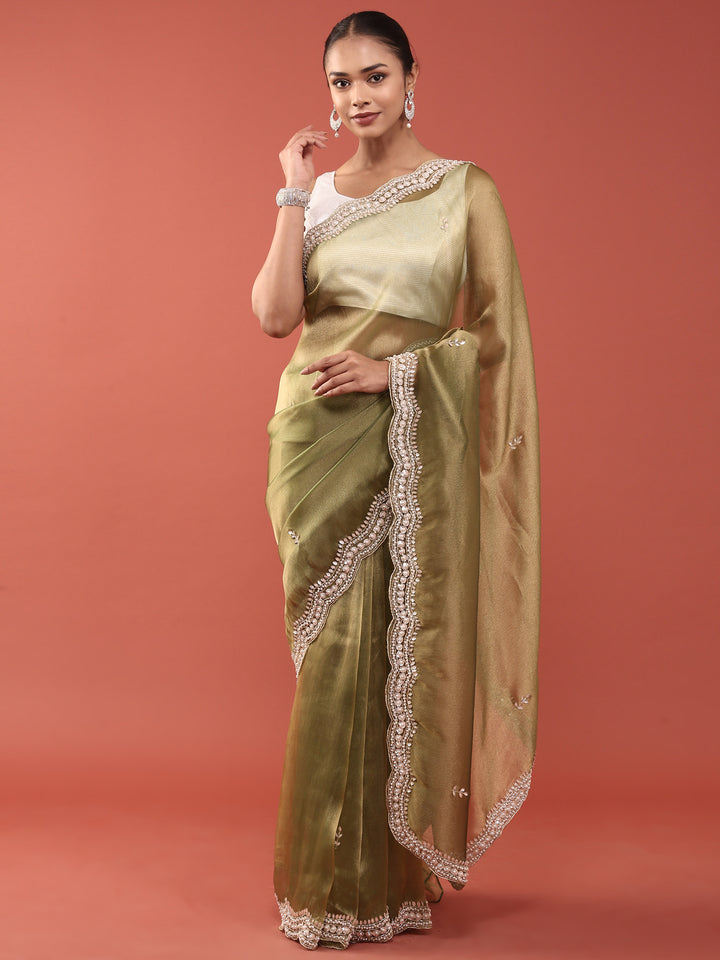 Mehadi Green Organza Stone And Thread Embroidery Saree
