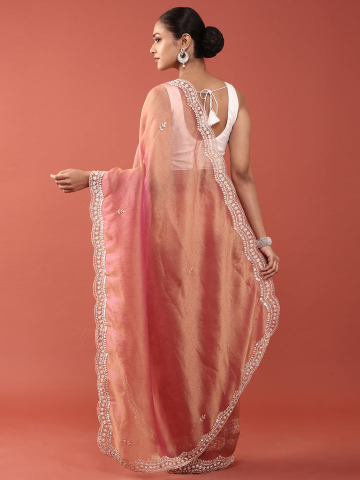 Pink Organza Stone And Thread Embroidery Saree