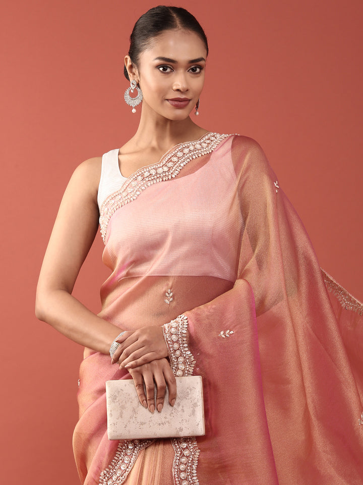 Pink Organza Stone And Thread Embroidery Saree