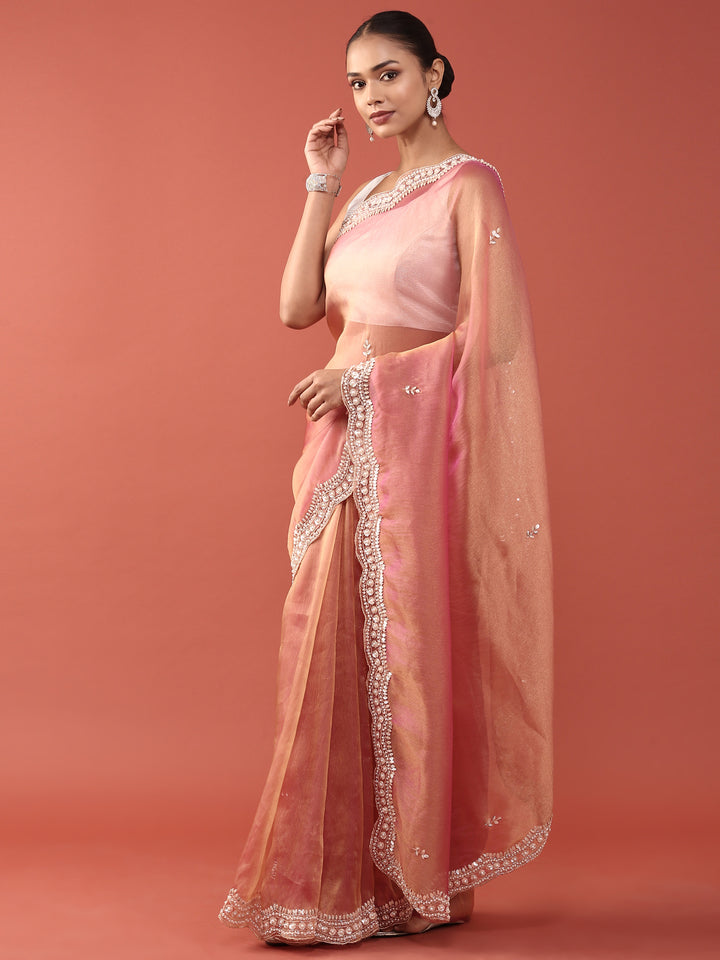 Pink Organza Stone And Thread Embroidery Saree