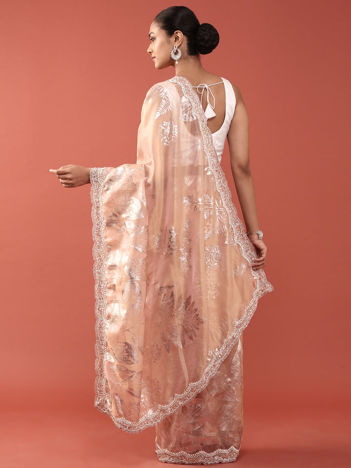 Peach Tissue Sequins Embroidery Saree