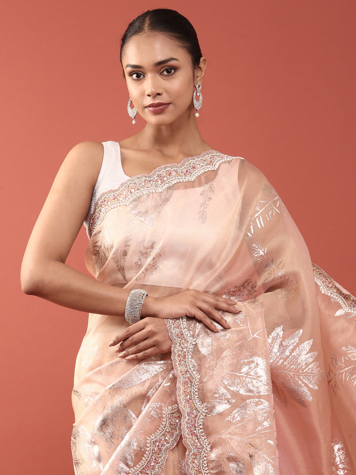 Peach Tissue Sequins Embroidery Saree