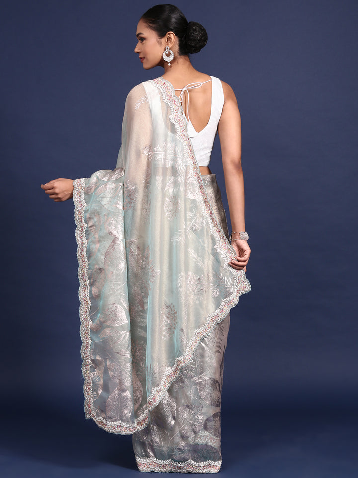 Sea Blue Tissue Sequins Embroidery Saree