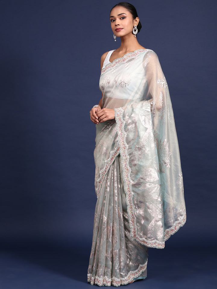 Sea Blue Tissue Sequins Embroidery Saree