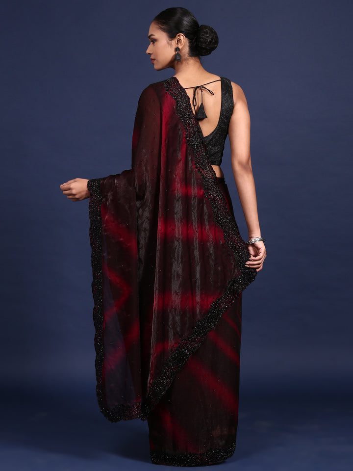 Maroon Shimmer Stone And Thread Embroidery Saree