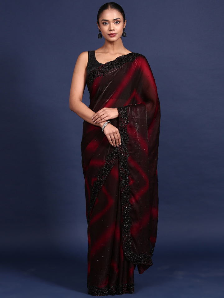 Maroon Shimmer Stone And Thread Embroidery Saree