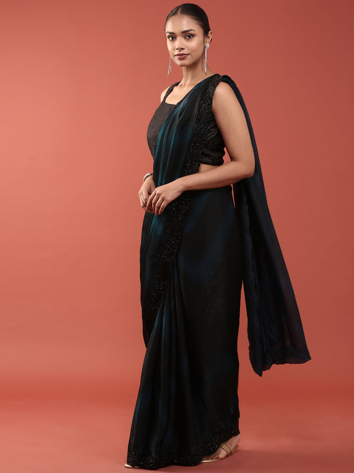 Peacock Shimmer Stone And Thread Embroidery Saree