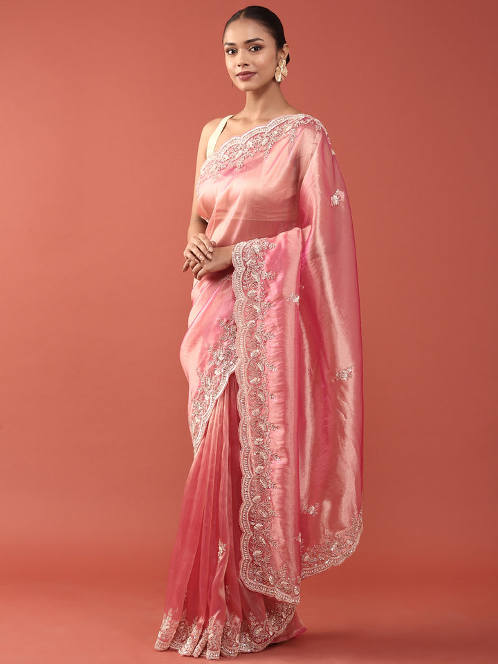 Pink Tissue Zari Embroidery saree