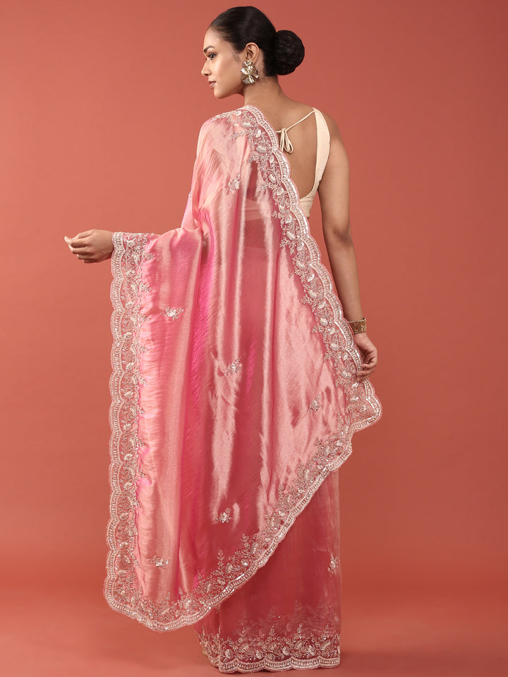 Pink Tissue Zari Embroidery saree