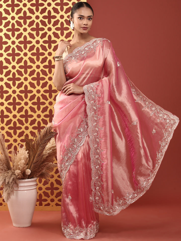 Pink Tissue Zari Embroidery saree