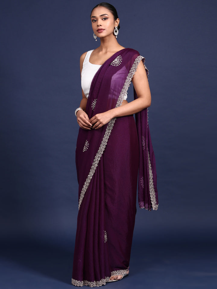 Purple Satin Aari Embroidery Saree