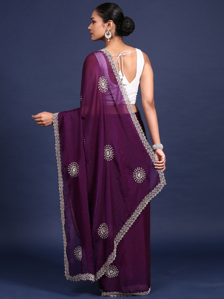 Purple Satin Aari Embroidery Saree