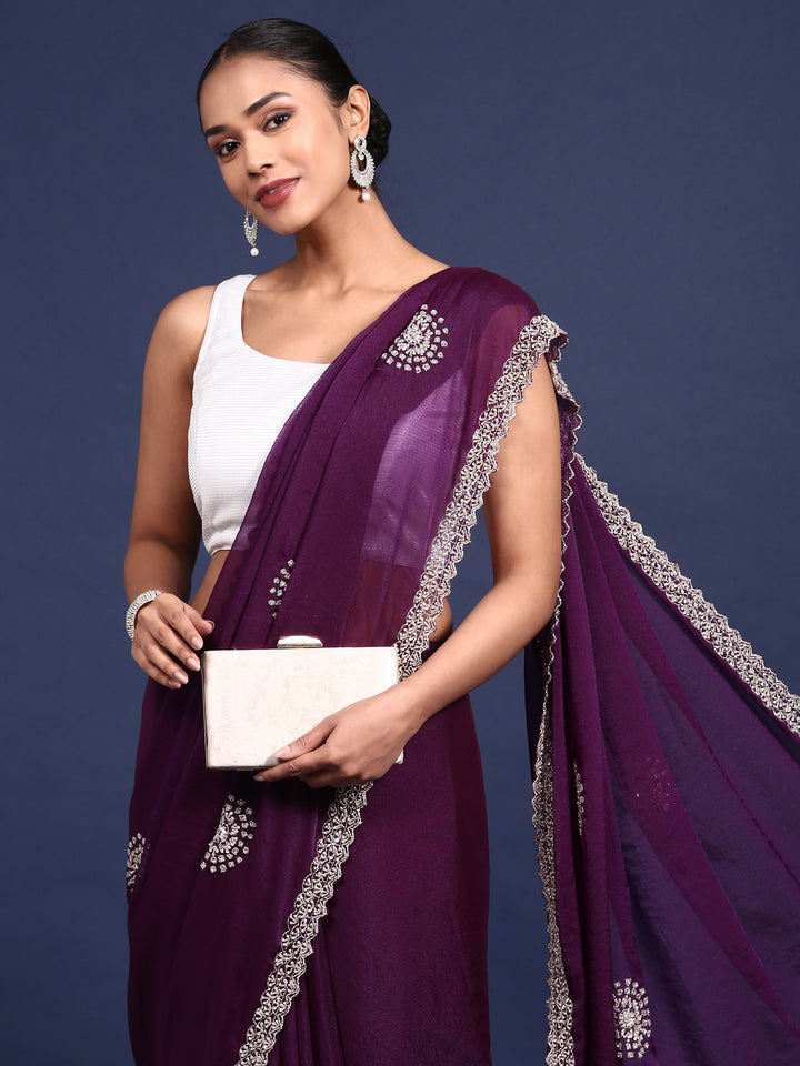 Purple Satin Aari Embroidery Saree