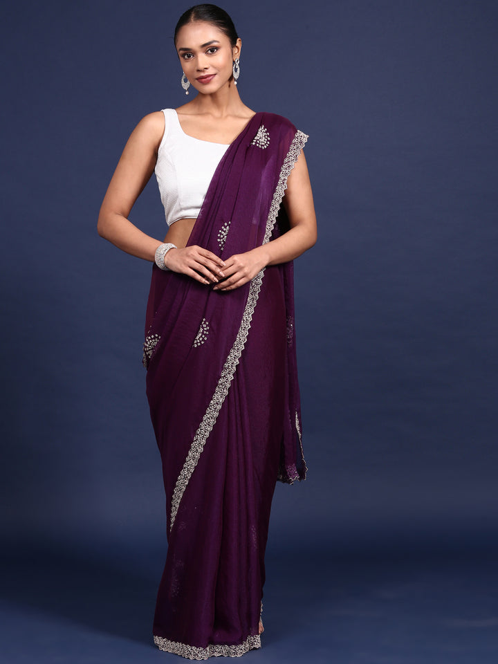 Purple Satin Aari Embroidery Saree