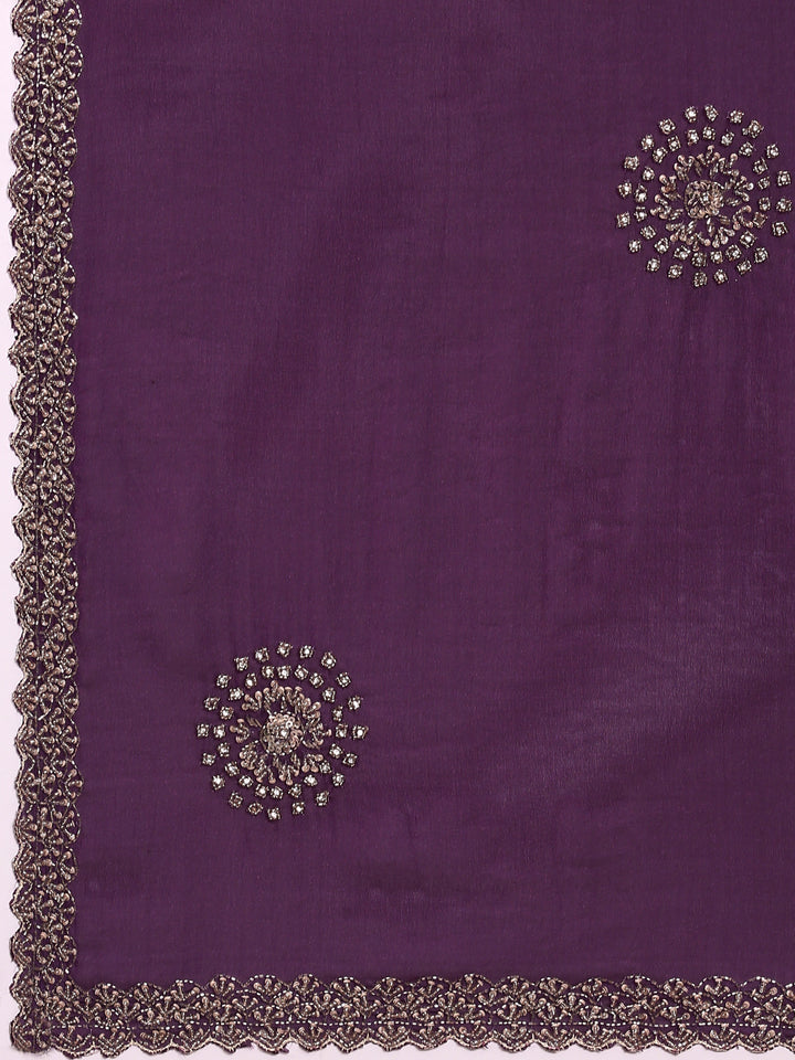 Purple Satin Aari Embroidery Saree
