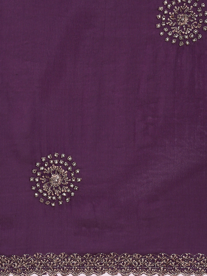 Purple Satin Aari Embroidery Saree