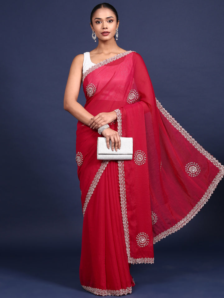 Rani Pink Satin Aari Embroidery Saree