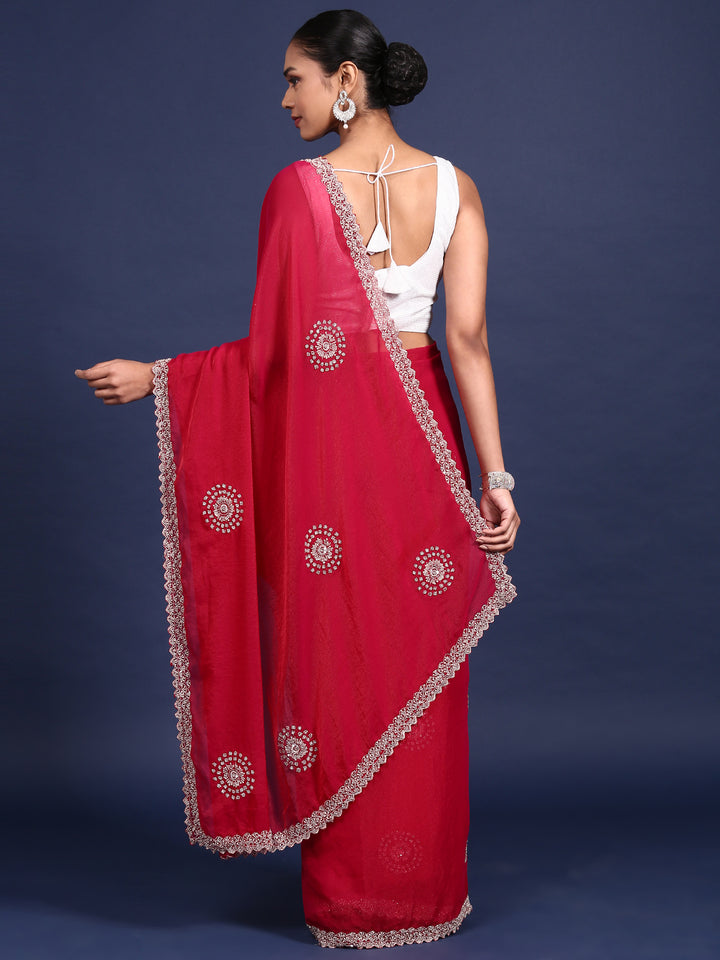 Rani Pink Satin Aari Embroidery Saree